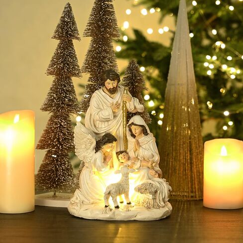 Valery Madelyn Christmas Nativity Scene Figurine, Green Gold Holy Family with Angel and Lamb Resin Sculpture with Lights for Holiday Indoor Xmas Gift Table Statue Decorations, 9.8 Inch in Saudi Arabia