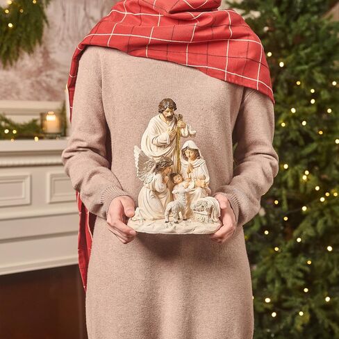 Valery Madelyn Christmas Nativity Scene Figurine, Green Gold Holy Family with Angel and Lamb Resin Sculpture with Lights for Holiday Indoor Xmas Gift Table Statue Decorations, 9.8 Inch in Saudi Arabia