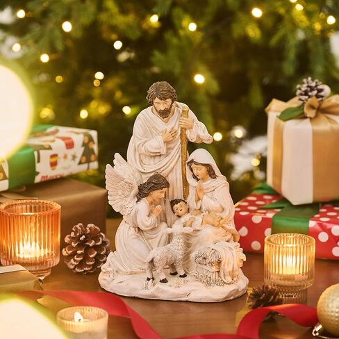 Valery Madelyn Christmas Nativity Scene Figurine, Green Gold Holy Family with Angel and Lamb Resin Sculpture with Lights for Holiday Indoor Xmas Gift Table Statue Decorations, 9.8 Inch in Saudi Arabia