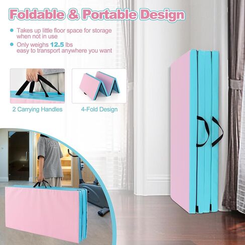 سجادة الجمباز Goplus مقاس 8 × 4 × 2 بوصة، سجادة قابلة للطي مع مقابض حمل، مشابك خطافية وحلقة، 4 ألواح لتمارين اللياقة البدنية واليوجا والتمارين الرياضية والتمارين الرياضية، سجادات رياضية سميكة للمنزل in Kuwait