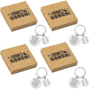 WATINC Coach Appreciation Keychain Gift Set, 4Pcs Baseball Sports Match Cheer Keychains Keepsake Present with Thank You Gift Packaging, Inspirational Round Keyring Thanks for Christmas Retirement Gift
