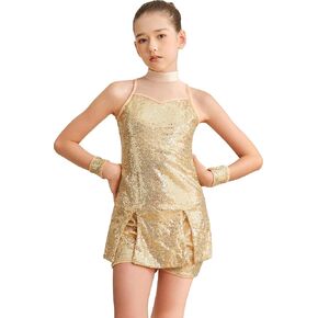 Girls Sequins Dance Dress Chest Mesh Sleeveless Top and Shorts Jazz Hip Hop Latin Sparkle Suit Outfits Costume