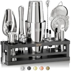 BARE BARREL® Mixology Bartender Kit Bar Set | 16-Piece Cocktail Shaker Set | Martini Barware Mixing Tools for Home Bartending | Incl. 35 Recipe Cards | Gift Set (28oz Boston Shaker, Jet Black/Black)