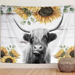 iTapnoom Highland Cow Tapestry, Funny Rustic Farmhouse Cattle Farm Animal with Sunflower Tapestries, Rustic Wooden Tapestry Wall Hanging Decor Tapestries Poster Blanket College Dorm (60x40)