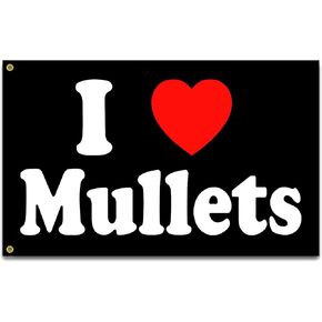I Love Mullets Flag 3x5 Ft Funny Man Cave Wall I Heart Mullets Flag for Room Teen Girls Indoor Outdoor Bedroom and College Dorm Wall Decor Banner Tapestry Gifts