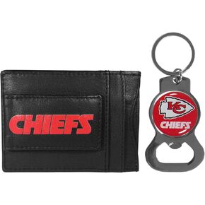 Siskiyou NFL Bottle Opener Keychain Bundle - Minimalist Leather ID Card Holder - Stay Organized & Show Off Your Team Spirit (Kansas City Chiefs - Black)