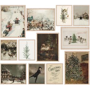 JarThenaAMCS 12 Sheet Vintage Christmas Wall Art Prints Xmas Landscape Art Poster Retro Winter Pictures Wall Decor for Living Room Bedroom, Unframed