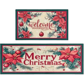 Christmas Kitchen Mats Set of 2, Red Xmas Kitchen Rugs for Floor and Door Mat Christmas Home Decorations - 17x30 and 17x47 Inch