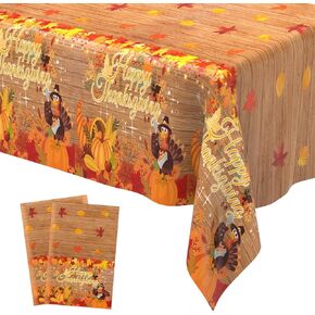 Thanksgiving Tablecloth Plastic, 2 Pack 54 x 108 Inch Fall Tablecloth Disposable Rectangle, Table Cloth Thanksgiving Table Cover Pumpkin Turkey Maple Leaves Autumn Tablecloth Thanksgiving Table Decor