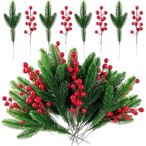 32PCS Artificial Pine Branches Christmas Holly Berries Artificial Red Berry Stems for Christmas Wreath Decorations Xmas Tree Decoration