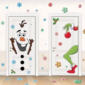 Christmas Door Stickers Decorations Large Size Christmas Snowman Door Stickers Decals with Snowflakes Candy Christmas Indoor Outdoor Decorations for Winter Door Window Refrigerator