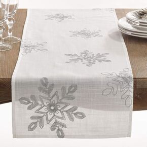 SARO LIFESTYLE 70197.S1670B Nivalis Collection Embroidered Snowflakes Table Runner, 16" x 70", Silver