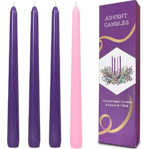 4 Pack Advent Taper Candles, 10 inch Unscented Christmas Taper Candles, 3 Purple Candles and 1 Pink Candle (Advent)