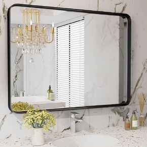 Bathroom Mirror, 40 X 30 Inch Black Rectangle Vanity Aluminum Alloy Framed Wall Mirror, Wall Mirror Farmhouse Anti-Rust Tempered Glass - Hangs Vertically or Horizontally