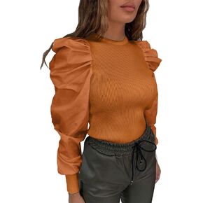 Ophestin Women's Sexy Puff Long Sleeve Tops Ribbed Ruched Crewneck Slim Fit Party Blouse T Shirts Pullover Top