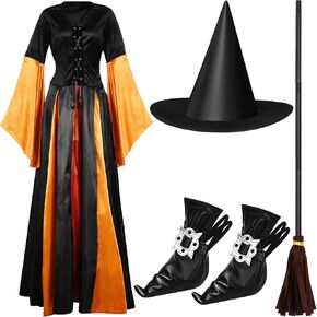 Liitrsh Women Witch Costume Set Sorceress Classic Dress with Witch Hat, Witch Broom, Witch Shoe Covers Halloween Dress Up