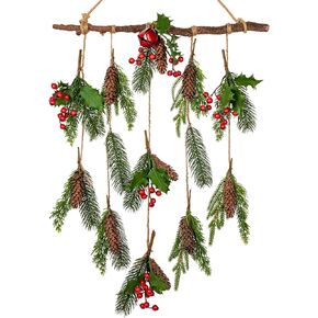 Hollyone Christmas Decorations, Christmas Greenery Pine Needles Hanging Wall Decor with Artificial Red Berry Pine Cones Hanging Plant for Front Door Home Mantel Indoor Outdoor