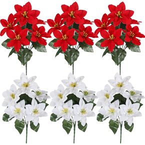 6 PCS Christmas Flowers Artificial Poinsettia Flowers Winter Artificial Poinsettia Bushes for DIY Christmas Tree Wreath Home Table Centerpiece Proch Front Door Decor