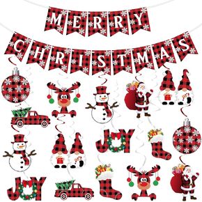 Christmas Hanging Swirls Decorations - NO DIY - Buffalo Plaid Merry Christmas Banner Christmas Ceiling Hanging Streamers, Xmas Hanging Decorations Indoor for Office Christmas Holiday Party Decorations