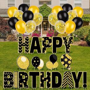HOBBY HORSE 18 Pieces Black Gold Happy Birthday Yard Sign with Stakes, 18 Balloons Giant 16 Inch Birthday Yard Sign Lawn Decoration Waterproof Birthday Letter Lawn Sign for Garden Party Decor