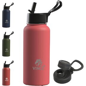 Vince+ 32oz Triple Insulated Stainless Steel Water Bottle with Straw, BPA-Free, Leak-Proof, 2 Lids (Fast Flow & Straw Lid) - Wide Mouth Travel Thermal Mug All-Day Use - Forest Green