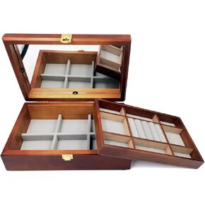 Solid Wooden Jewelry Box for Women, 2-Layer Large Organizer Box with Mirror for Rings, Earrings, Necklaces, Vintage Style Wood