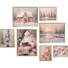 Whaline 7Pcs Christmas Vintage Wall Art Prints Pink Xmas Ball Santa Snow Forest Paper Posters Winter Retro Picture Decoration For Party Gallery Living Room Office, Unframed