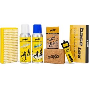 TOKO Ski Touring Essentials Kit - Skinproof, Skin Cleaner, Natural Wax (40g), Natural Cork, Nylon Brush, Base Tex, and a Ski Touring Strap