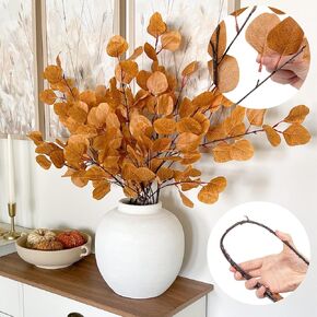 CQURE 8 Pack Fall Eucalyptus Leaves Stems, Fall Decoration Artificial Eucalyptus Stem Autumn Leaf Branches Fall Floral Silver Dollar Leaves for Table Home Thanksgiving Decor