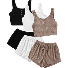 SOLY HUX Womens Pajamas Lounge Set 3 Sets Sleepwear Rib Knit Crop Tank Top and Shorts PJ Summer Outfits