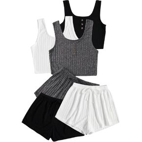 SOLY HUX Womens Pajamas Lounge Set 3 Sets Sleepwear Rib Knit Crop Tank Top and Shorts PJ Summer Outfits