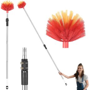 Cobweb Duster with Extension Pole, 4-7.7 ft Adjustable Telescopic Pole, Medium Stiff Bristles, Lightweight Spider Web Brush for High Ceilings, Walls, Indoor & Outdoor Cleaning, Red
