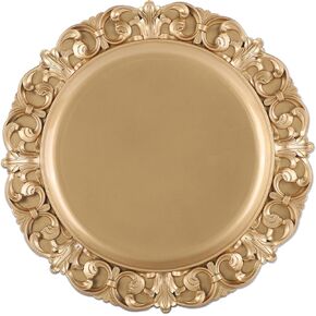 13" Round Antique Gold Trays for Decor, Gold Perfume Tray Decorative Plates for Display, Elegant Gold Tray for Coffee Table Wedding, Chargers for Dinner Plates, Vintage Plastic Tray with Embossed Rim﻿