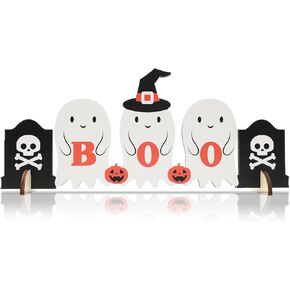 GERBAINI Cute Ghost Halloween Decorations Indoor, Ghost Skeleton Boo Pumpkin Monoblock Wooden Table Sign Decor for Halloween Party Home Shelf Display