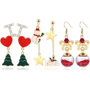 6pairs Christmas Drop Earrings Xmas Present Bow Earrings Glitter Light Bulb Dangle Earrings Christmas Jewelry Holiday Stud Earrings for Women Girls
