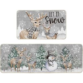 Artoid Mode Deer Tree Let It Sonw Snowflakes Christmas Kitchen Mats Set of 2, Winter Decor Low-Profile Kitchen Rugs for Floor - 17x29 and 17x47 Inch