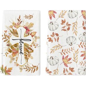 Artoid Mode Maple Leaves Pumpkin Fall Kitchen Towels Dish Towels, 18x26 Inch Cross Blessed Thanksgiving Decoration Hand Towels Set of 2