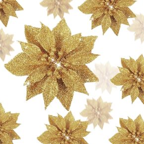 24 Pcs Glitter Artificial Poinsettia Flowers 3/4/ 6 Inches Christmas Wreath Tree Flowers Ornaments Xmas Decorations Flowers with Clips for Christmas Tree Indoor Outdoor Decoration (Blue Green)