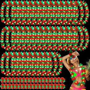 Riceshoot 36 Pcs Hawaiian Christmas in July Leis for Luau Party Decorations Light up Leis Necklace and Wristband Red Green Flower for Christmas Hawaiian Tropical Themed Holiday Luau Party