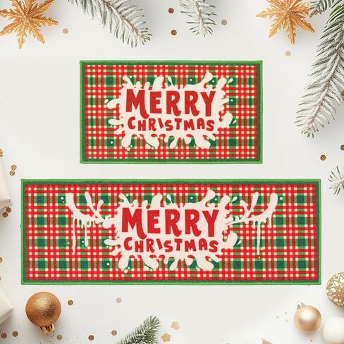 BEQHAUSE Christmas-Kitchen-Rugs Buffalo Plaid Merry Christmas Decorations Floor Mat Non Slip Washable Winter Kitchen Mats Sets for Home Entrance Area Rug Kitchen 17"x30"+17"x48" in Saudi Arabia