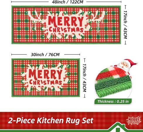 BEQHAUSE Christmas-Kitchen-Rugs Buffalo Plaid Merry Christmas Decorations Floor Mat Non Slip Washable Winter Kitchen Mats Sets for Home Entrance Area Rug Kitchen 17"x30"+17"x48" in Saudi Arabia