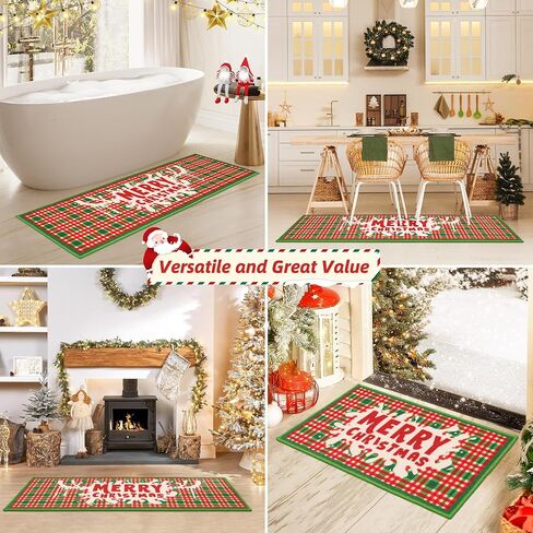 BEQHAUSE Christmas-Kitchen-Rugs Buffalo Plaid Merry Christmas Decorations Floor Mat Non Slip Washable Winter Kitchen Mats Sets for Home Entrance Area Rug Kitchen 17"x30"+17"x48" in Saudi Arabia