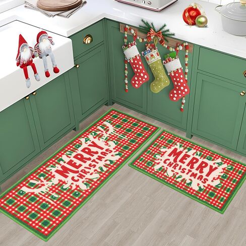 BEQHAUSE Christmas-Kitchen-Rugs Buffalo Plaid Merry Christmas Decorations Floor Mat Non Slip Washable Winter Kitchen Mats Sets for Home Entrance Area Rug Kitchen 17"x30"+17"x48" in Saudi Arabia