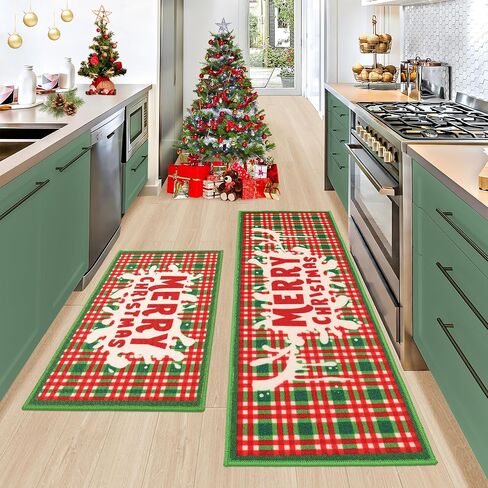 BEQHAUSE Christmas-Kitchen-Rugs Buffalo Plaid Merry Christmas Decorations Floor Mat Non Slip Washable Winter Kitchen Mats Sets for Home Entrance Area Rug Kitchen 17"x30"+17"x48" in Saudi Arabia