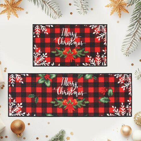 BEQHAUSE Christmas-Kitchen-Rugs Buffalo Plaid Merry Christmas Decorations Floor Mat Non Slip Washable Winter Kitchen Mats Sets for Home Entrance Area Rug Kitchen 17"x30"+17"x48" in Saudi Arabia