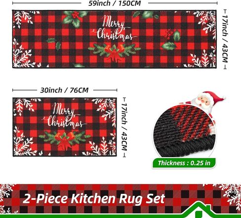 BEQHAUSE Christmas-Kitchen-Rugs Buffalo Plaid Merry Christmas Decorations Floor Mat Non Slip Washable Winter Kitchen Mats Sets for Home Entrance Area Rug Kitchen 17"x30"+17"x48" in Saudi Arabia