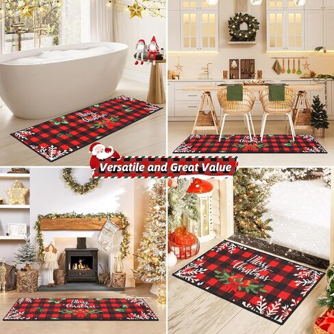 BEQHAUSE Christmas-Kitchen-Rugs Buffalo Plaid Merry Christmas Decorations Floor Mat Non Slip Washable Winter Kitchen Mats Sets for Home Entrance Area Rug Kitchen 17"x30"+17"x48" in Saudi Arabia