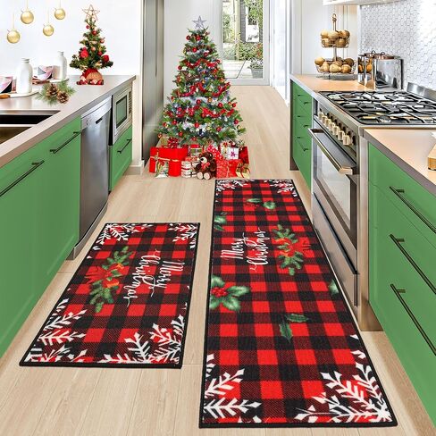 BEQHAUSE Christmas-Kitchen-Rugs Buffalo Plaid Merry Christmas Decorations Floor Mat Non Slip Washable Winter Kitchen Mats Sets for Home Entrance Area Rug Kitchen 17"x30"+17"x48" in Saudi Arabia
