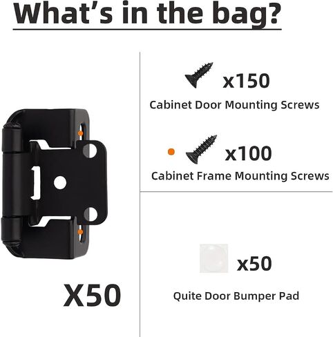 Decobasics 1/2" Overlay Semi Partial Wrap Around Kitchen Cabinet Hinges (25 Pair -50 Pack) - Self Closing Matte Black Cabinet Hinges for Kitchen Cabinets w/Cupboard Silicon Bumpers & Upgraded Screws in Saudi Arabia