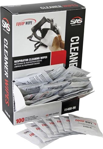 مناديل تنظيف أجهزة التنفس الخالية من الكحول من SAS Safety Corp | صندوق مكون من 100 منديل ملفوف بشكل فردي مقاس 5 × 8 بوصة | مناديل التنظيف المبللة مسبقًا لأجهزة التنفس والقبعات الصلبة ومعدات الحماية الشخصية الأخرى in Kuwait